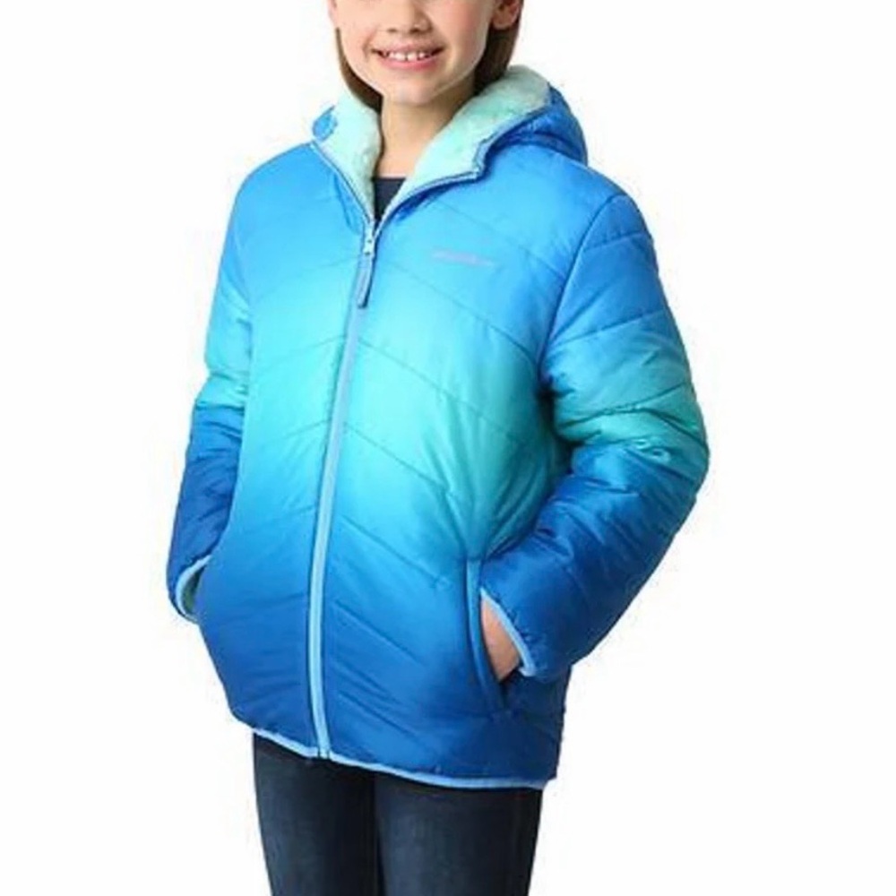 Eddie Bauer Kids Blue Ombre Reversible 2-in-1 Hooded Puffer / Fluffy Jacket - L